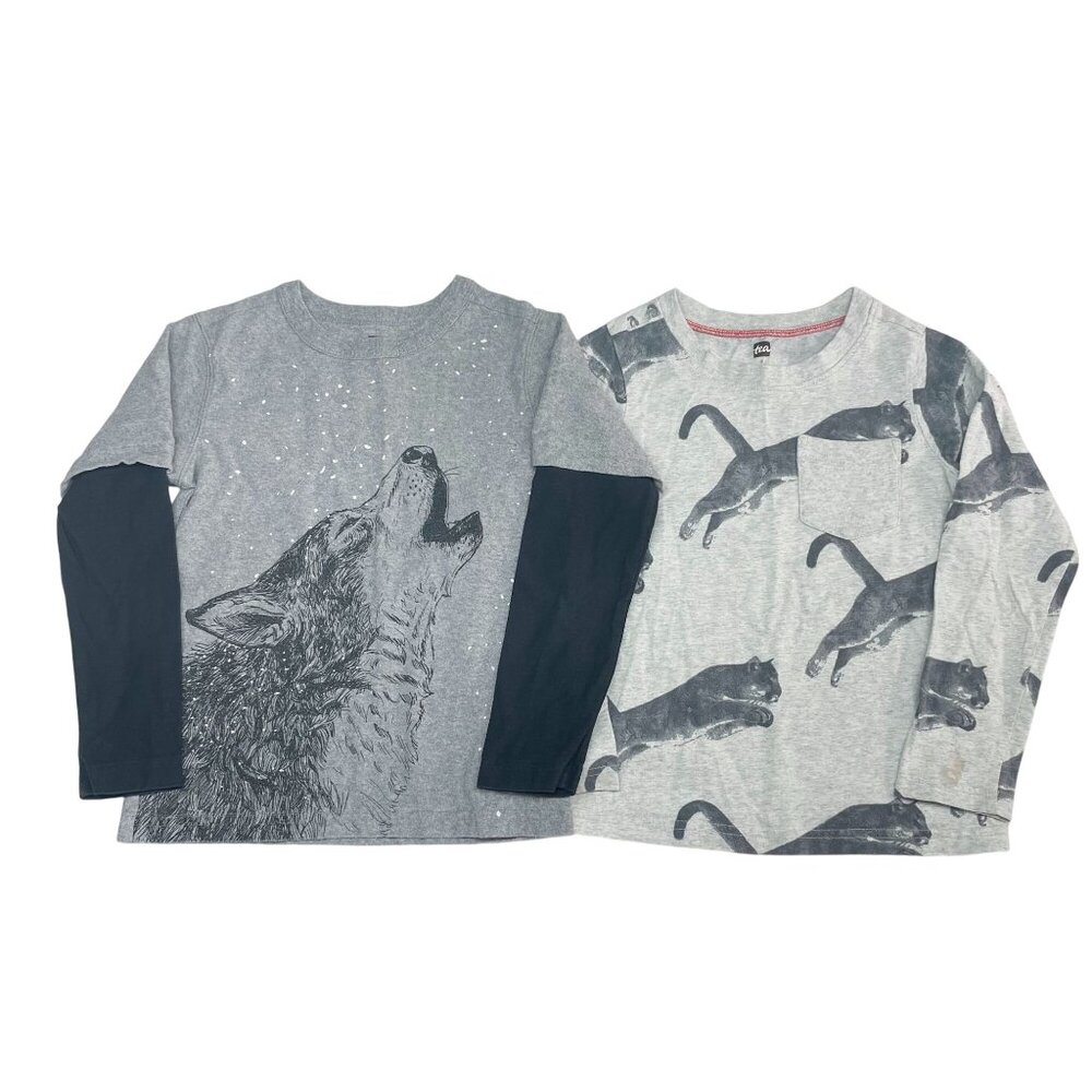 Tea Collection Long Sleeved Cotton Tee Bundle Size 5 Wolf Layered + Panther Gray